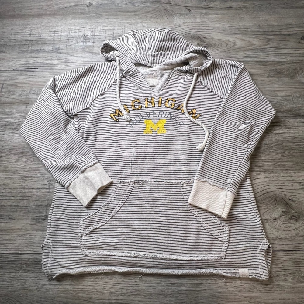 Blue 84 Michigan Hoodie Womens Medium Grey Striped Wolverines Raw Hem AD51